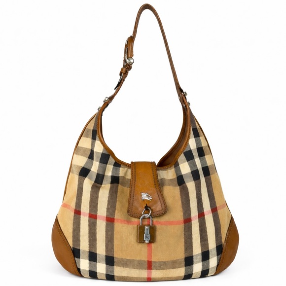 Burberry Handbags - Burberry Brooke House Check Hobo Shoulder Bag Tan Canvas Leather Trim